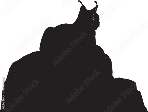 Silhouette of a majestic lynx cat perched regally atop a rocky outcrop against a clean white background for dramatic effect