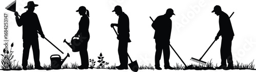 Silhouettes of people gardening together with tools like rake, watering can, shovel, planting and tending plants in garden