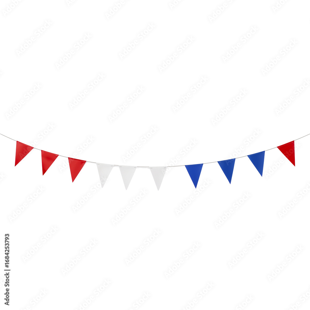 Fototapeta premium Festive triangular pennants of red white and blue suspended against dark backdrop a celebration