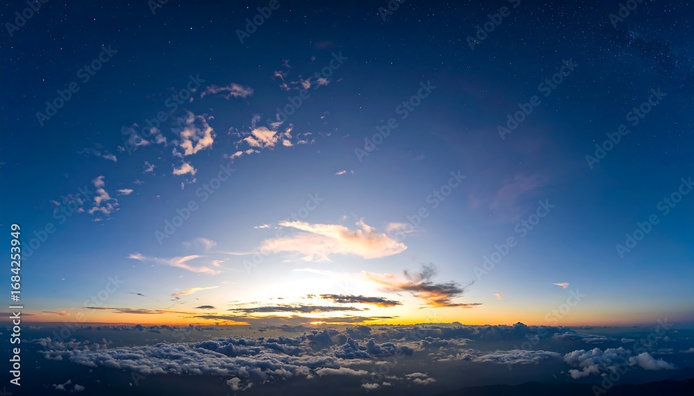 Fototapeta premium Panoramic sunrise over clouds