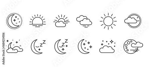 Weather Icons Showing Day and Night Cycles Moon Clouds Sun Sunrise and Sleep Symbols climate forecast