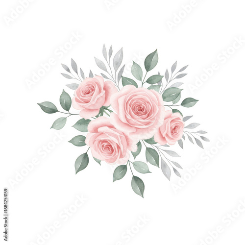 Delicate pink roses bouquet with silvery leaves romantic floral arrangement elegant botanical design transparent background