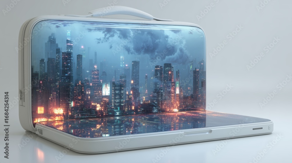 Fototapeta premium Laptop displaying cityscape reflection