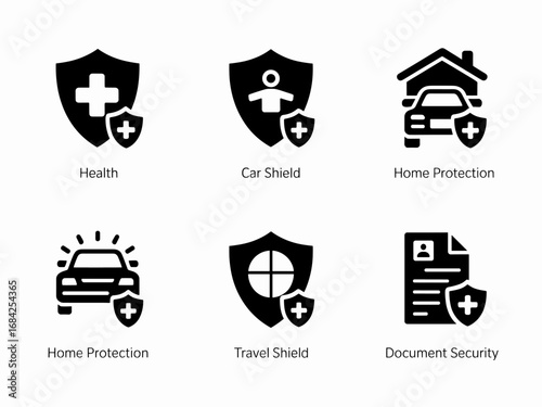 Insurance & Home Protection Shield Icons — Health, Car, Home, Travel, Document