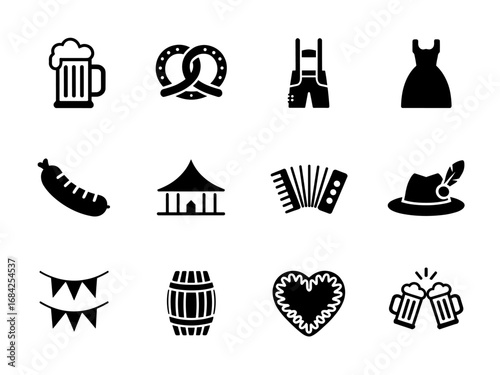 Oktoberfest And Beer Festival Glyph Icons — Pretzel, Lederhosen, Dirndl, Sausage