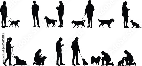 Silhouettes of People Walking, Training, and Interacting with Dogs on Leashes in Various Outdoor Pet Care Activities