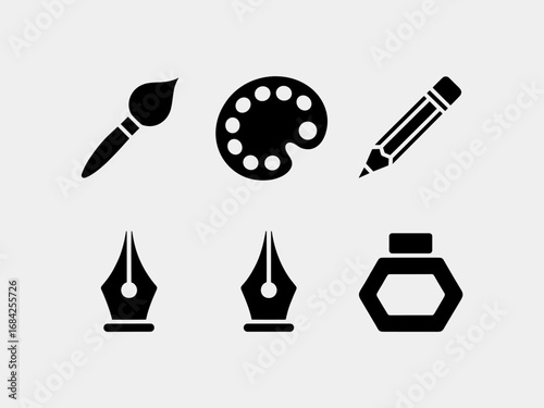 Artist tools & ink icons — paintbrush, palette, pencil, pen nibs, ink bottle
