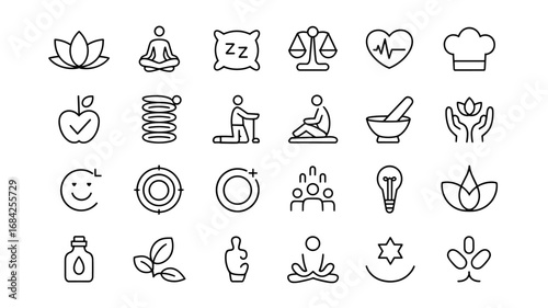 Wellness & lifestyle icon set — yoga, meditation, healthy food, relaxation symbols