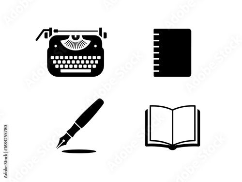 Writing & publishing icons — typewriter, ruler/notebook, pen, open book