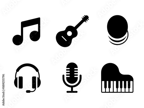 Music & audio icons — note, guitar, records, headphones, mic, piano