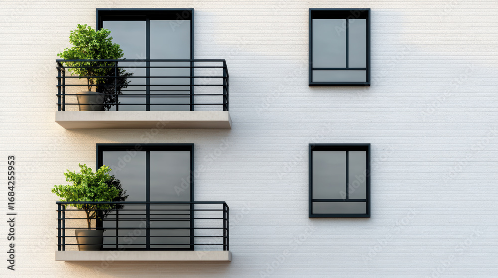 Fototapeta premium Modern balcony design with potted plants and sleek windows enhances urban living aesthetics