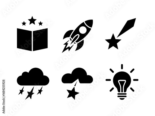 Ideas, launch and weather icons — open book with stars, rocket, comet, storm and idea