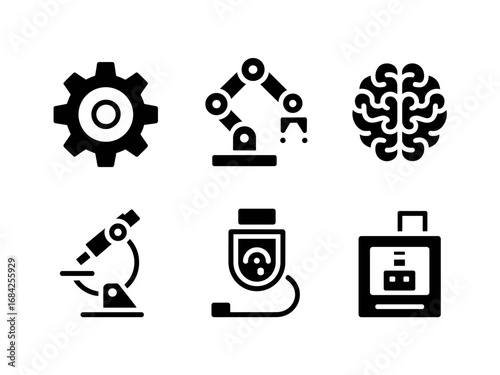 Engineering, robotics and biotech icons — gear, robotic arm, brain, microscope, inhaler, luggage