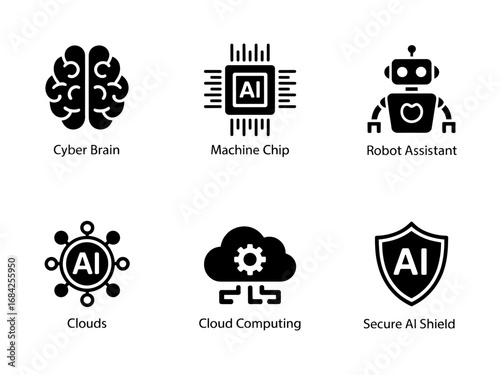 AI and cloud security icons — cyber brain, AI chip, robot assistant, cloud AI and shield