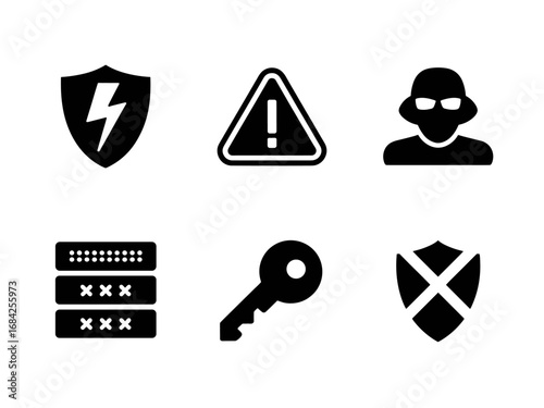Security and access icons — shield bolt, warning triangle, masked user, password and key