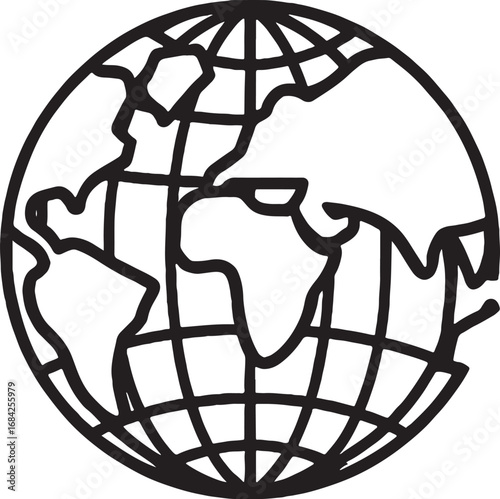 Stylized Globe Illustration Featuring Major Continents and Grid Lines in Black and White Design Symbolizing Global Interconnectivity