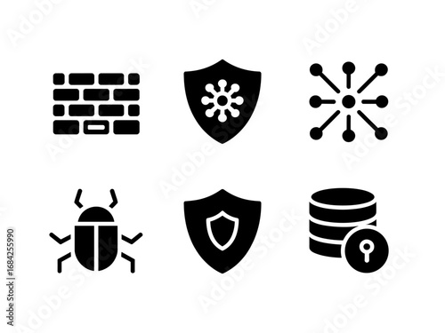 Security threats and database protection icons — firewall, shield, network, bug, database lock