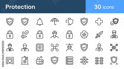 Protection icon set — shields, locks and safety outlines