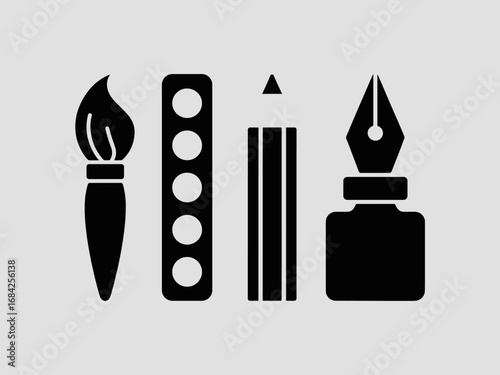 Art supplies silhouette — brush, palette, pencils and ink