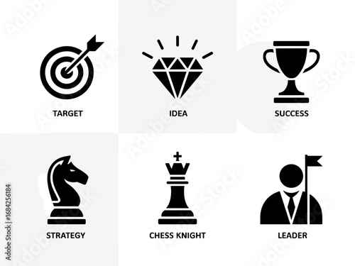 Target, idea, success, strategy and leader icons