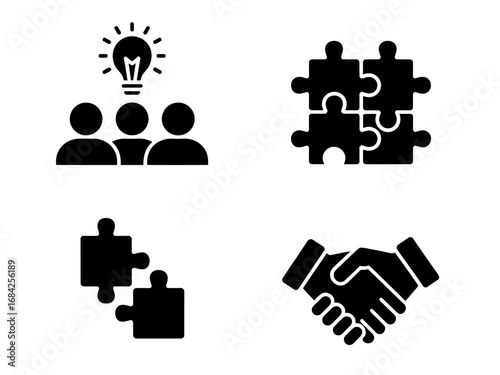 Team idea, puzzle and handshake collaboration icons