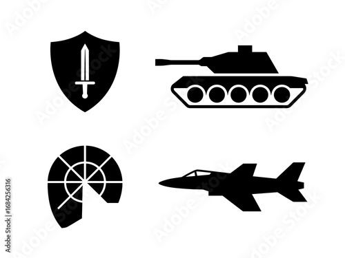 Military and defense silhouette icons — shield sword, tank, jet and sonar