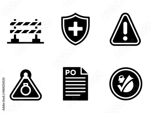 Black hazard and prohibition icons — barricade, shield, poison and no-safety