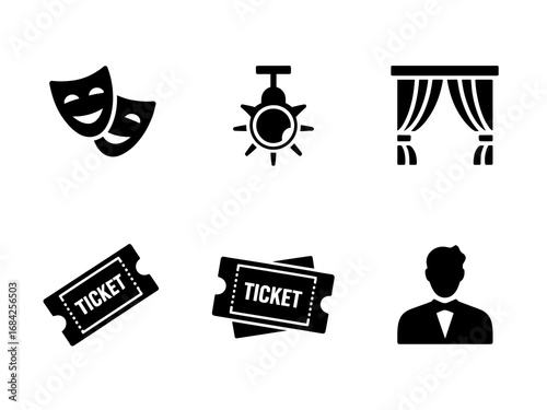 Black Theater Icons Set — Drama Masks, Stage Light, Curtain, Tickets And Host Silhouettes, Flat Vector