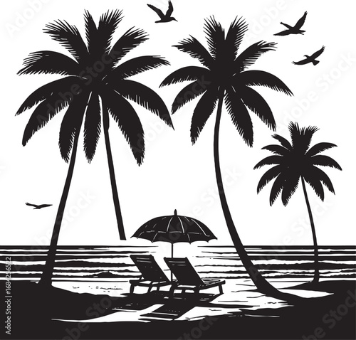 Tropical Beach Silhouette with Palm Trees Chairs and Birds for Summer Vacation and Relaxation Illustration Graphic Design