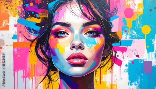 Vibrant portrait of a woman with bold colors and abstract shapes