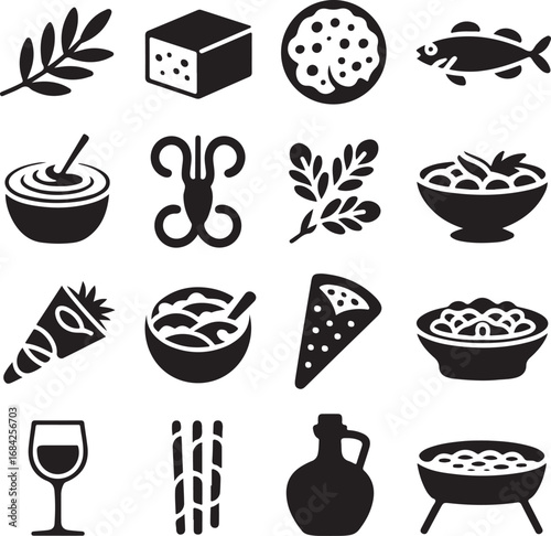 Collection of food and drink icons with a Mediterranean influence cuisine olive branch