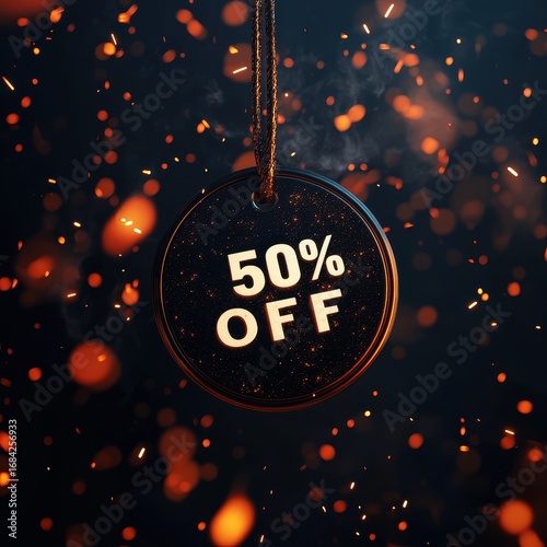 Exclusive promotional mockup with 50% off hanging tag and fire sparks — sale banner template