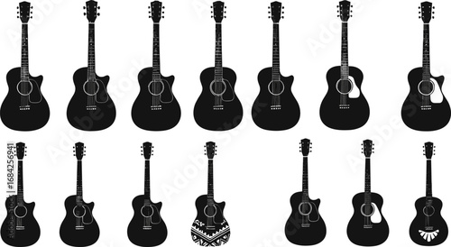 Vector illustration of black acoustic guitars in different styles and patterns, perfect for music, art, design, and creative projects.