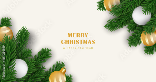 Merry Christmas pine fir tree branch garland, Holiday Xmas party frame, poster background, 3d banner