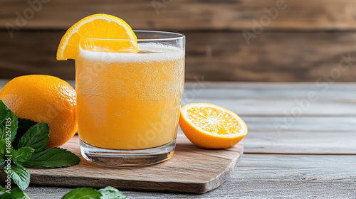 Fresh orange juice with mint leaves and whole oranges on rustic wooden table