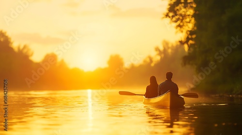 Couple canoeing at sunset on a calm river