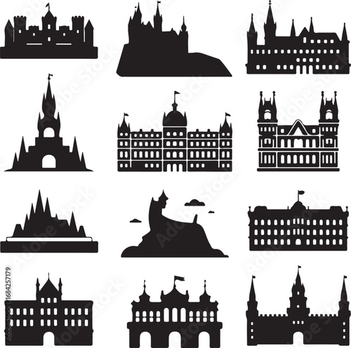 Collection Of Stylized Castle And Building Silhouettes architecture medieval