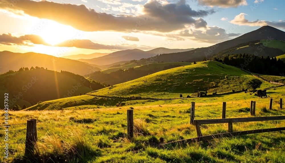 Fototapeta premium Sunset over grassy hills
