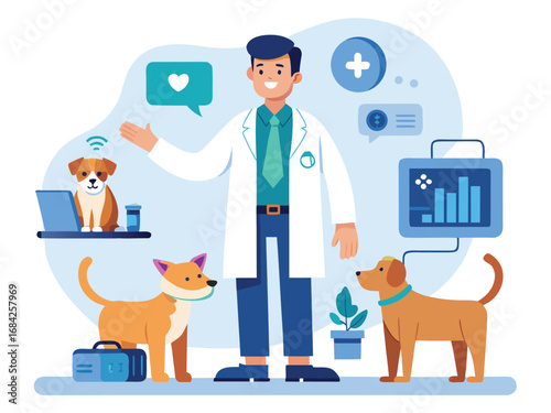 Friendly veterinarian caring for dogs and cats in a modern clinic setting