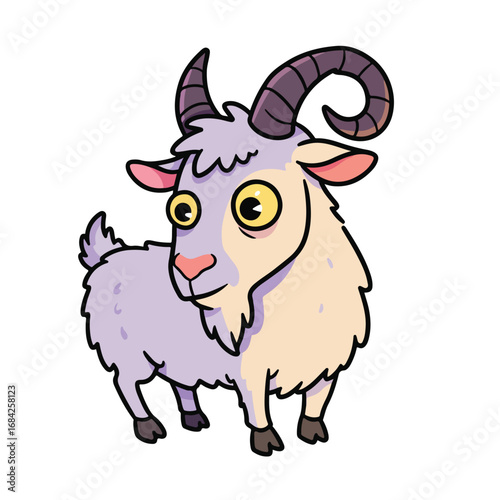 A cartoon drawing of a goat with purple fur and tan chest