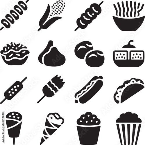 Variety of street food and dessert icons in black and white snack cuisine