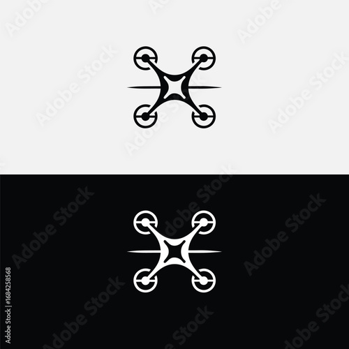 Drone logo featuring a symmetrical design with four propellers, representing aerial technology and remote control, isolated on white background, conveying innovation and modern surveillance