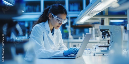 A scientist analyzing data on a laptop in a laboratory