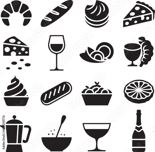 European Food Icons Croissant Baguette Pastry Cake Wine and Coffee french pastry bread