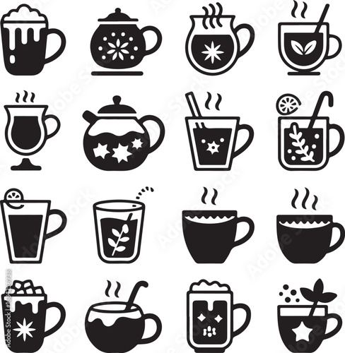 Assortment of hot beverage icons in black and white hot drink coffee