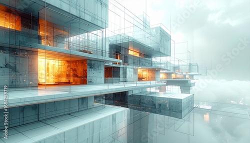 Futuristic Fantasy Architecture with Glowing Orange Interiors, Surreal Blueprint Style, Floating Geometric Building