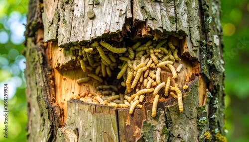 Close-up of a tree trunk with a large cavity filled with numerous pale-yellow grubs