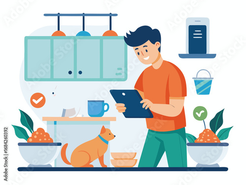 Caring cat owner uses tablet to feed pet in a modern kitchen scene