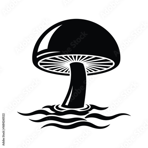 Black silhouette of a mushroom in water isolated on white background
