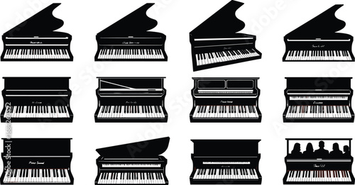Vector illustration of various grand and upright pianos with silhouettes of people playing and performing, musical instrument black silhouettes collection.